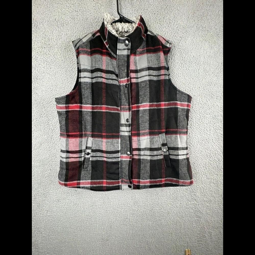 Natural Reflections Vest Womens XL Black Flannel Plaid Faux Fur Lined Wool